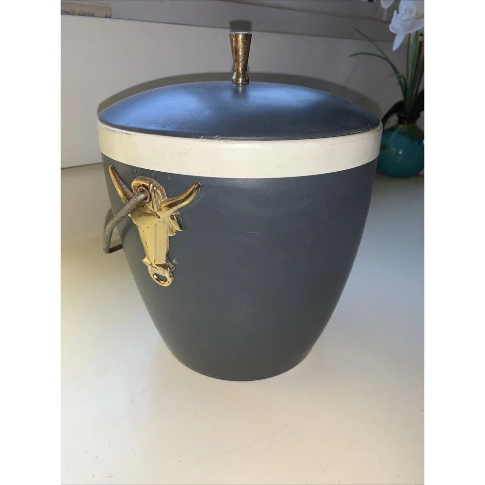 HFT Mid Century Gits Ware Ice Bucket Gray with Gold Longhorn Medallions and Trim